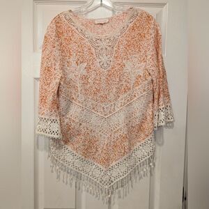 SOLITAIRE Boho Ivory Orange Floral Top 3/4 Bell Sleeve Crochet Fringe Hem Size S